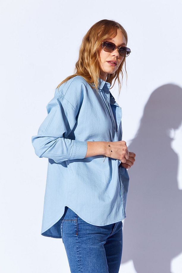 Mavi Oversize tek cepli gabardin rahat kesim soft dokulu pamuk kadın gömlek  | MKW168174-01 - 7