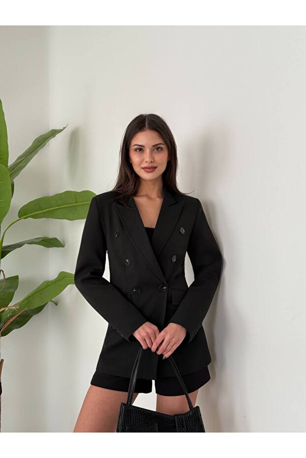 Women's Lined Button Sleeve Detail Atlas Fabric Blazer Jacket Black