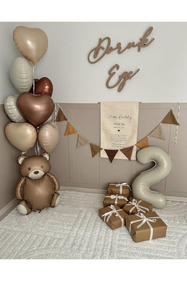7Pcs Heart Foil Balloon Retro Bear Balloon Pennant and 2 Age Number Foil Balloon Set 10 Pieces