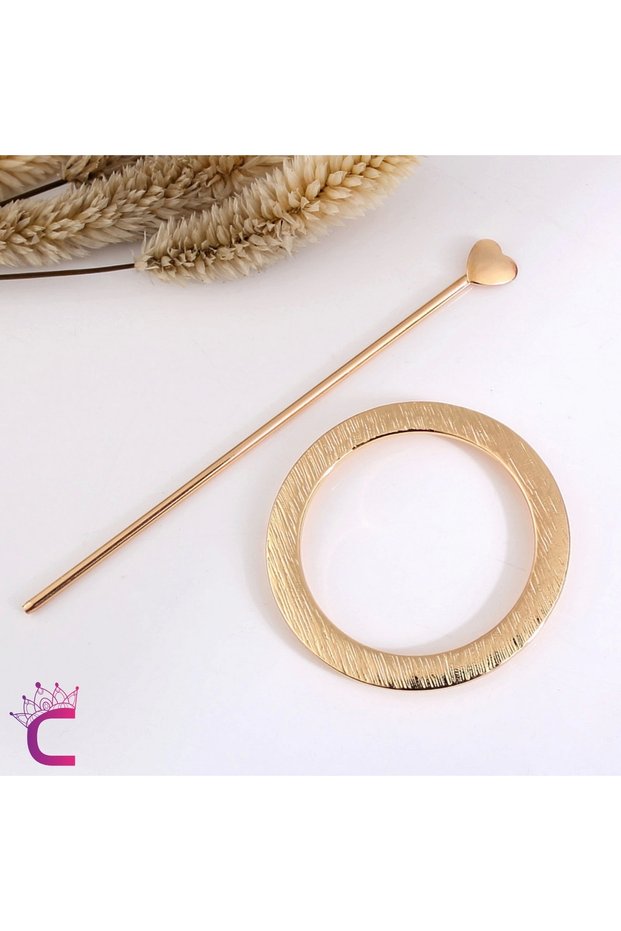 Elegant Round Heart Stick Design Women's Gold Metal Bun Clip - Bun Clip Stick Clip Hair Stick