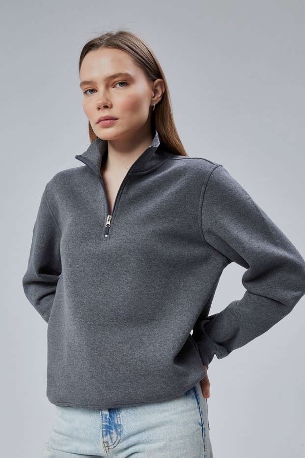 Mooncover Women's Stand Collar Half Zipper Fleece Sweatshirt – Dark Gray