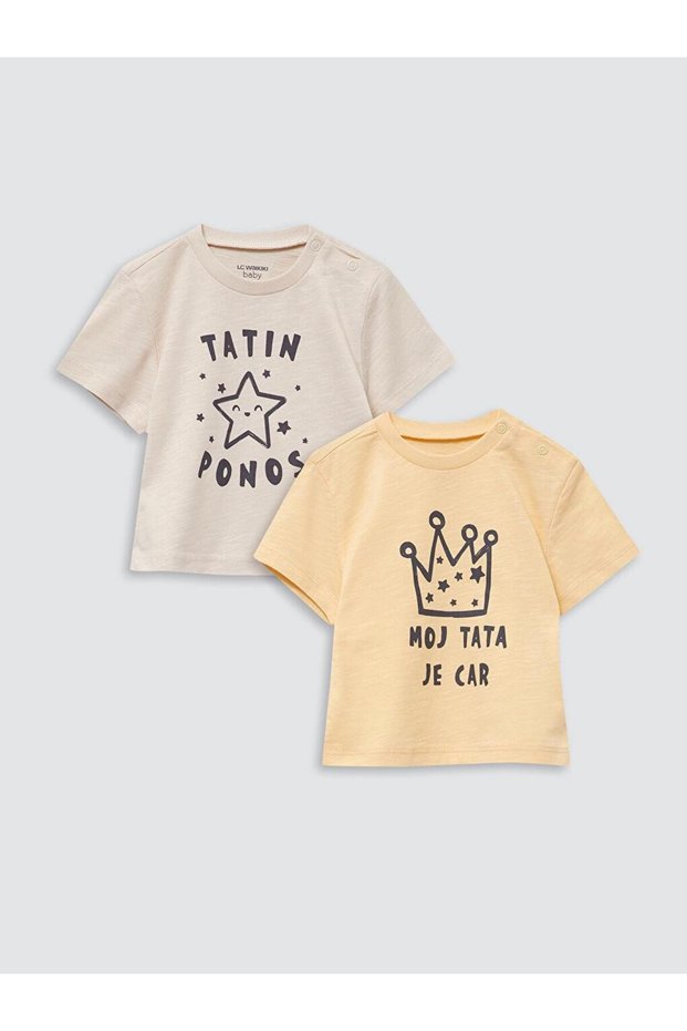 Crew Neck Short Sleeve Printed Cotton Baby Boy T-Shirt, Pack of 2