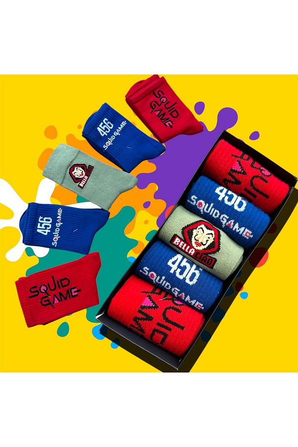 5'li Squid Game Temalı 5 Çift Özel Kutulu Pamuklu Kolej Çorap Seti - 1