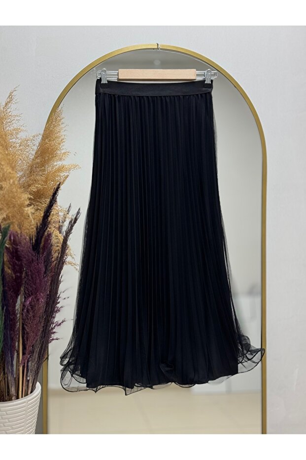 Zümra Pleated Tulle Flounce Skirt-Mt2587 Black