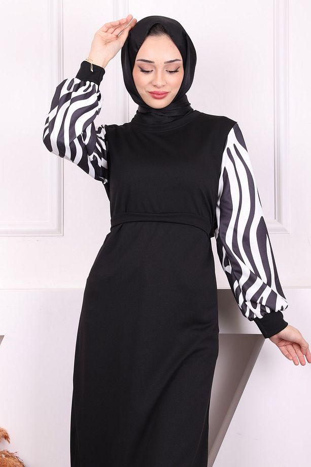 Siyah Uzun Boy Zebra Desenli Tesettür Elbise - 4