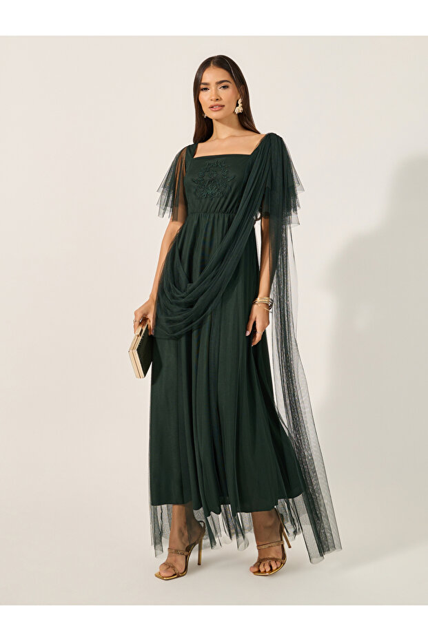 Embroidered Detail Flared Sleeves A-Line Maxi Dress