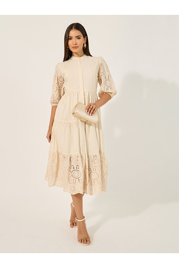 Schiffli Mandarin Collar Balloon Sleeve Midi Dress