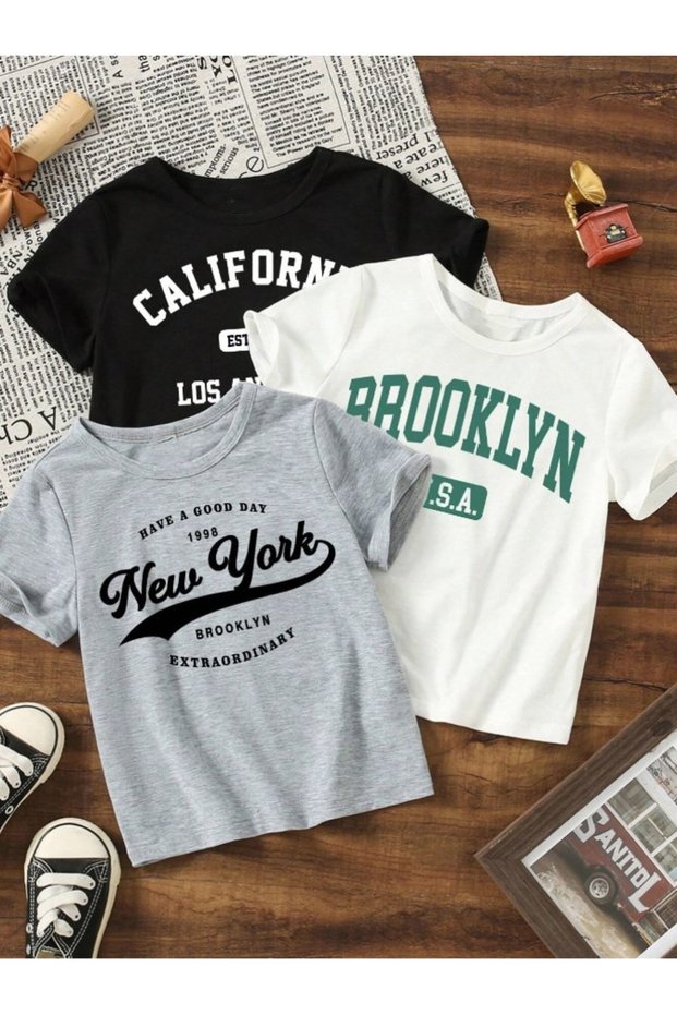 Boy-Girls Brooklyn-California-Newyork Printed 3 Pack T-Shirt(Black-White-Grey)