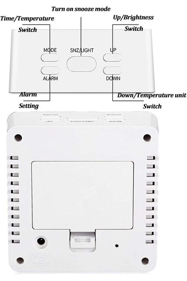 Desktop Alarm clock,large LED display,time and temperature,five function buttons,for home,White - 3
