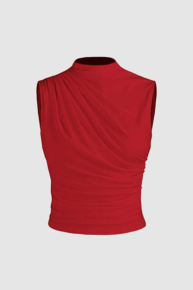 6071 Sleeveless Shirred Red Crop Blouse