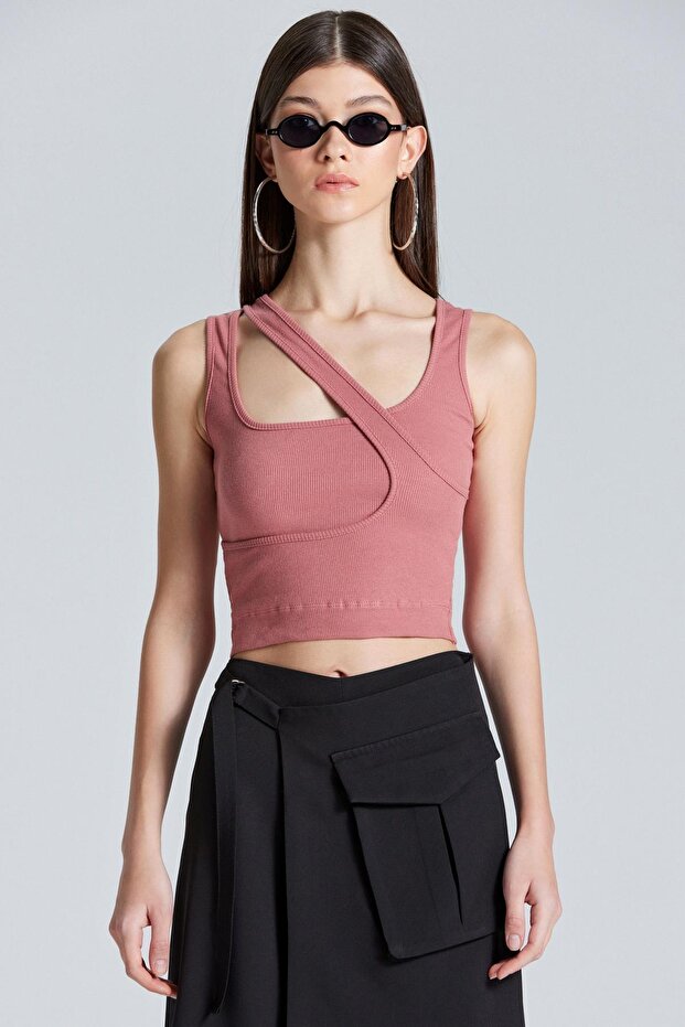 2452 Thick Strap Ribbon Detailed Dusty Rose Blouse