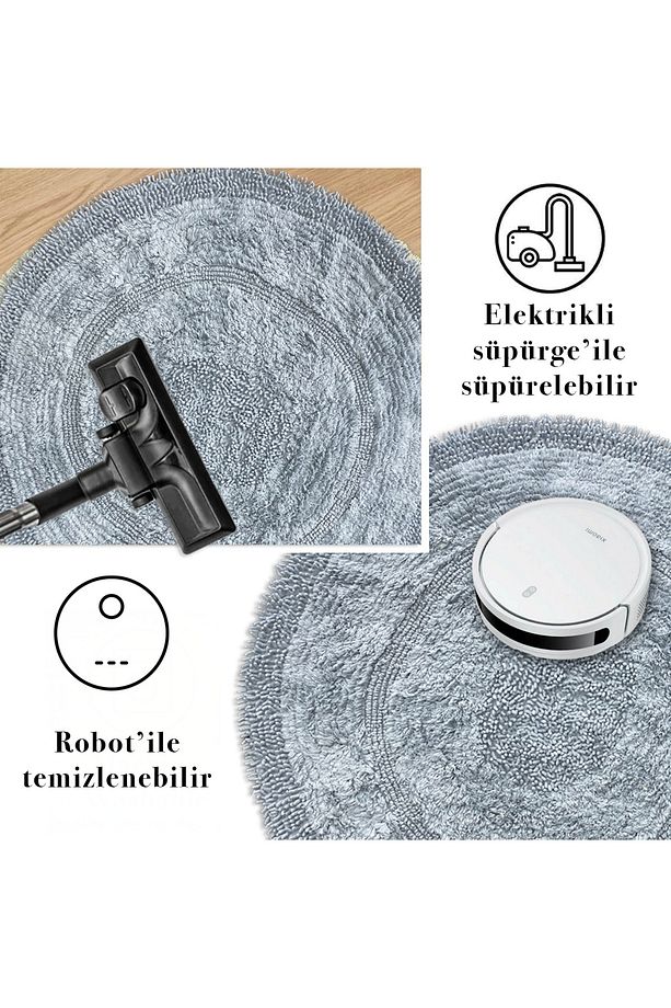 Macoroni Yuvarlak Gri Oda Banyo Halısı Makinede Yıkanabilir %100 Pamuk Dokuma - 5