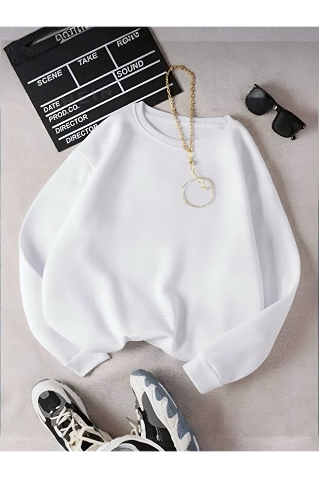 Women's 3 Thread White Plain Crew Neck Sweatshirt