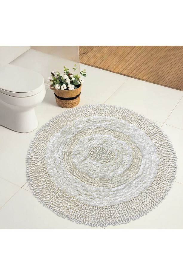 Macoroni Krem Yuvarlak Oda Banyo Halısı Makinede Yıkanabilir %100 Pamuk Dokuma - 1
