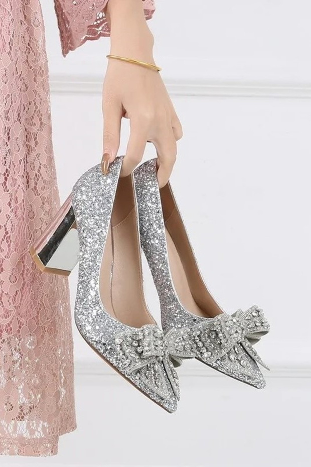 Lady Princess Silver Nude Transparent Crystal Bow Stone Stiletto 9cm Heel Wedding Engagement Evening Dress Shoes