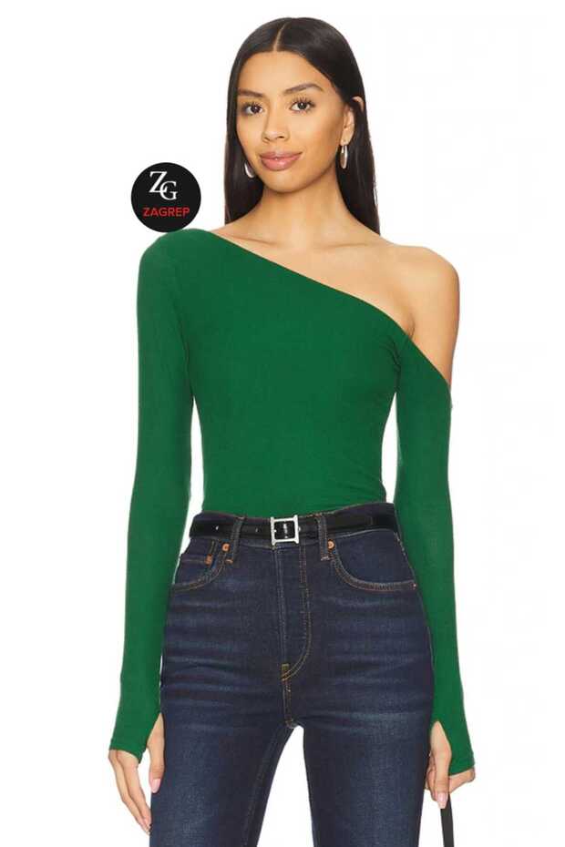 Women's Emerald Green Asymmetrical Double-Layer Non-See-Through Silk Jersey Blouse