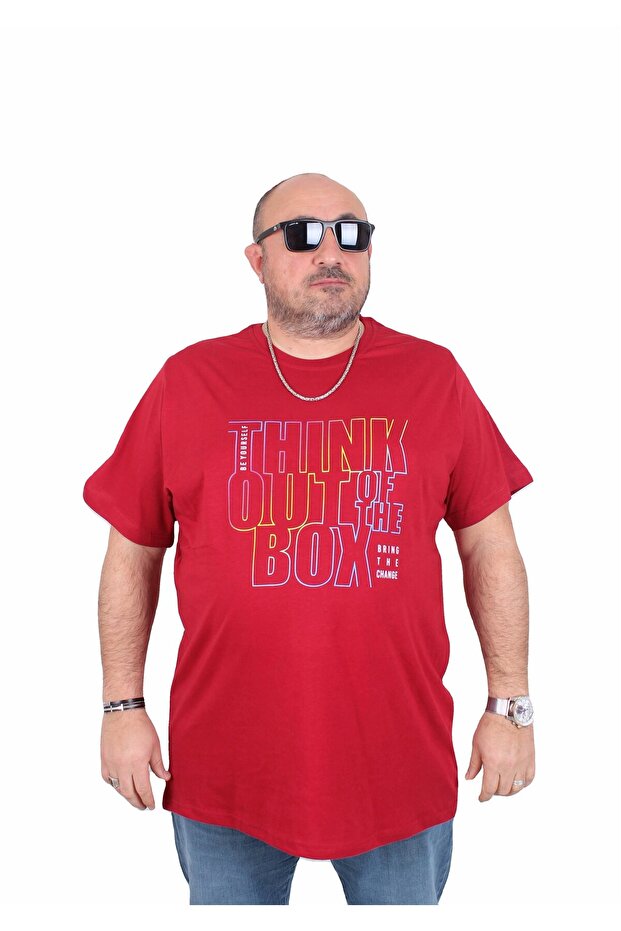 تي شيرت رجالي مقاس كبير برقبة دائرية Think Out Box 25163 أحمر كلاريت