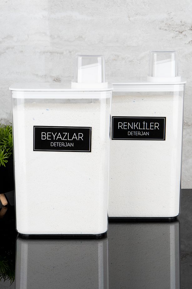 2'li Deterjan Kutusu Seti Renkliler Beyazlar Etiketli 3000ml Kendinden Ölçekli Mika Deterjanlık Seti - 2