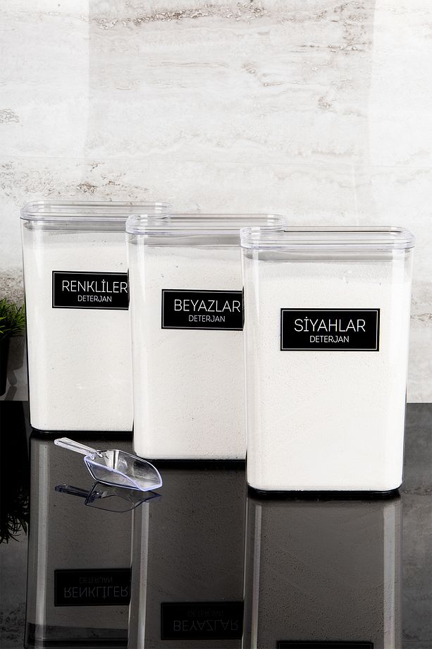 3lü Deterjan Kutusu Seti Ölçekli Renkliler Beyazlar Siyahlar Etiketli 3000ml Mika Deterjanlık Seti - 2