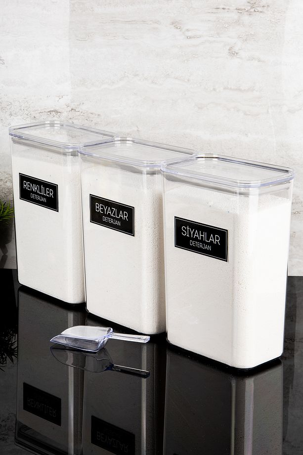3lü Deterjan Kutusu Seti Ölçekli Renkliler Beyazlar Siyahlar Etiketli 3000ml Mika Deterjanlık Seti - 4