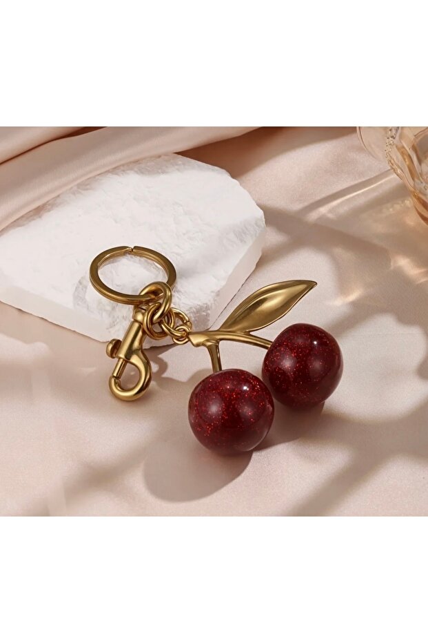 Red Cherry Patterned Large Keychain - Bag Ornament Accessory - 4