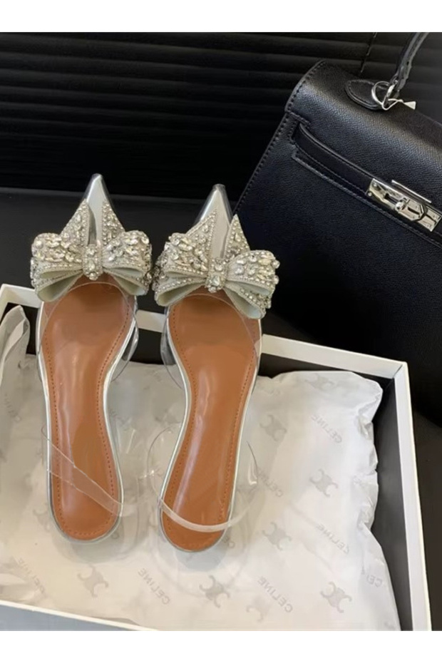 Lady Princess Silver Nude 2cm Transparent Heeled Crystal Bow Stone Ballerina Wedding Engagement Evening Dress Shoes