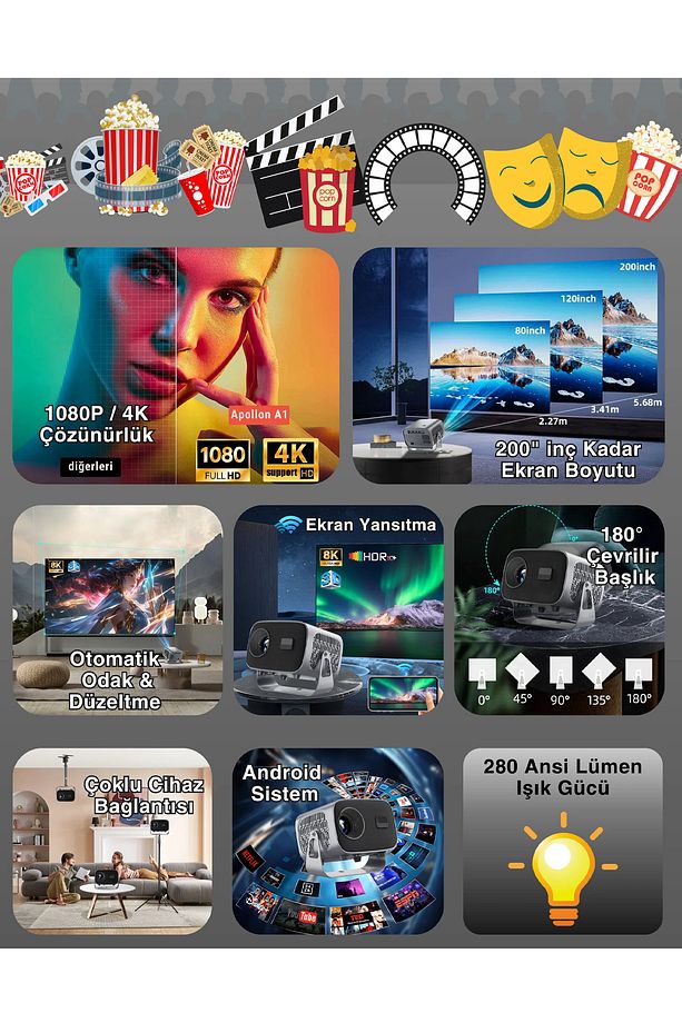 Harvox Apollon A1 | Dev Ekran 4K Ultra HD, Android 11, WiFi & Bluetooth, Taşınabilir Ev Sineması - 3