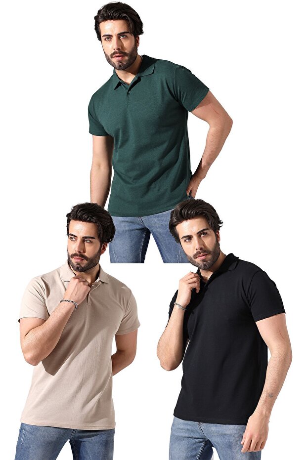 Men's Set of 3 Polo Collar Short Sleeve Summer T-shirt