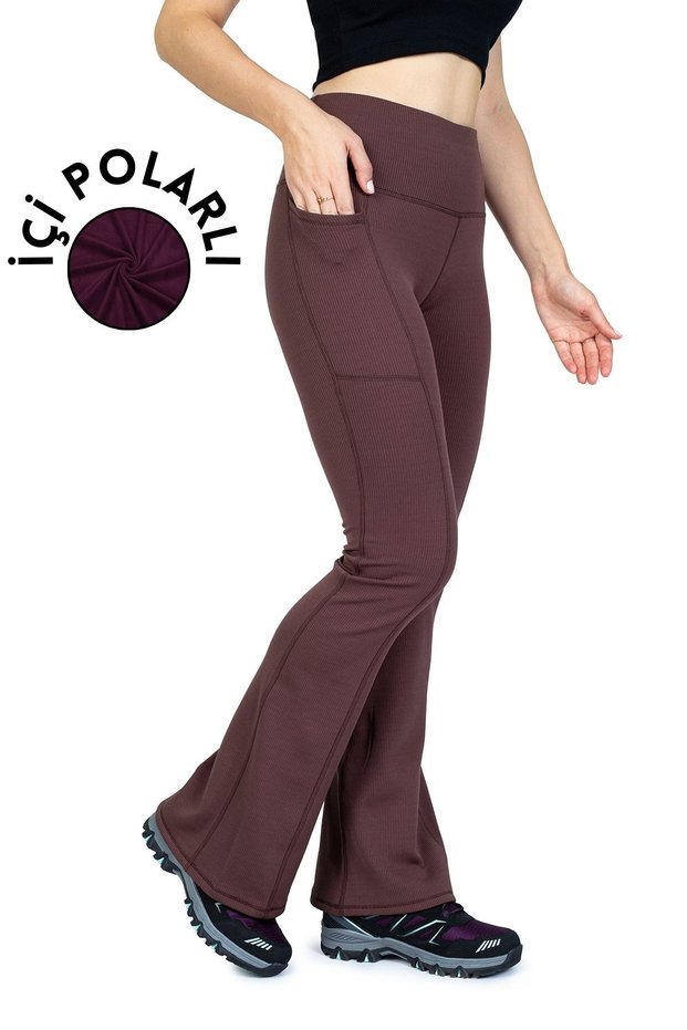 Corded Brown Spanish Leg Winter High Waist Leggings with Fleece Inside Pockets