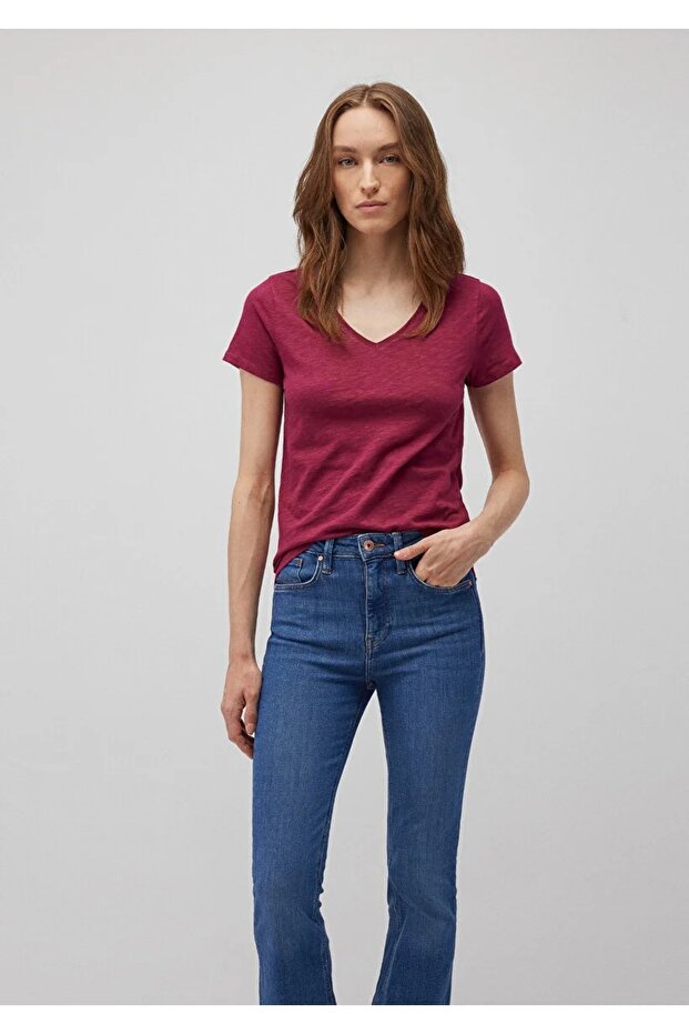 Yaka Flamlı Mavi Basic Tişört - 1