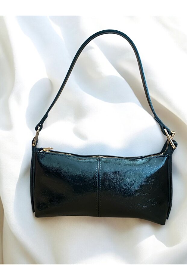 Women's Black Shiny Baguette Pinterest Model Hand and Shoulder Bag