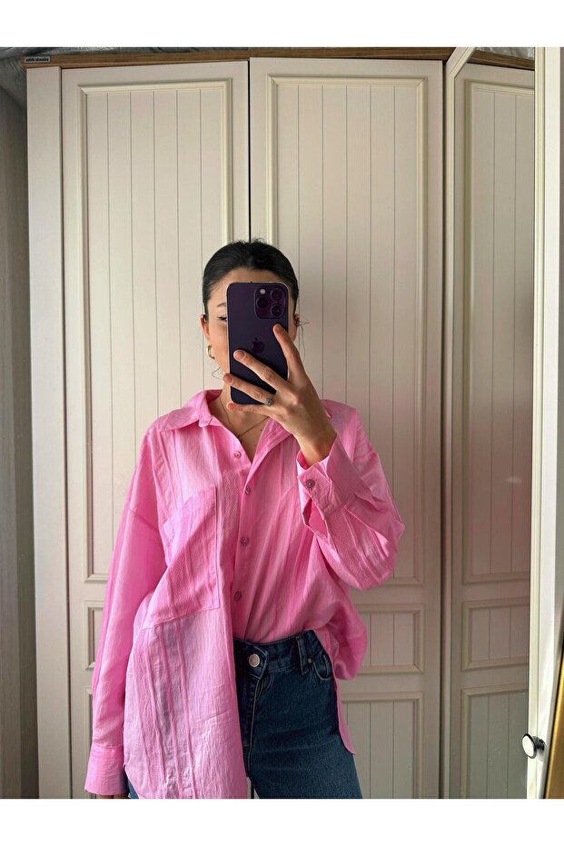 Oversize Crinkle Jakarlı Poplin Gömlek - 2