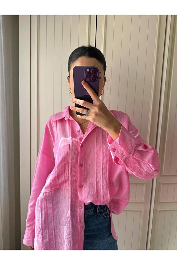Oversize Crinkle Jakarlı Poplin Gömlek - 1