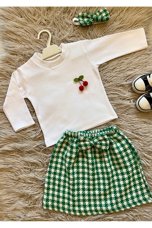 Festive Houndstooth Pattern Bow Skirt Stretchy Camisole Blouse and Bandana Set of 3