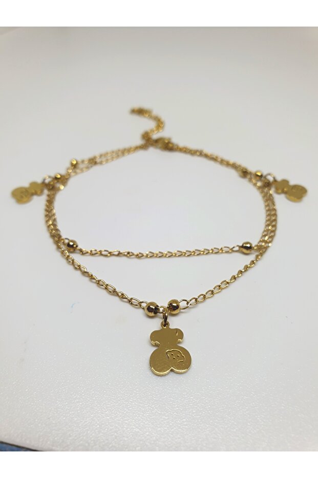 1. Grade Quality 316L Steel Anklet, Double Chain with Cute Face Bear Figure Model No 6