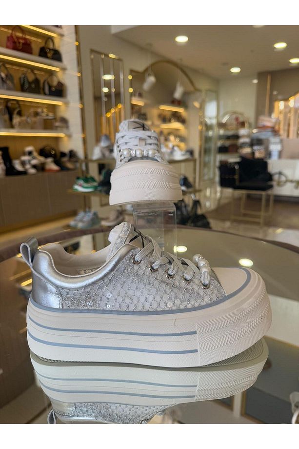 İthal Yüksek Taban Transparan-Pullu Bağcıklı Sneakers - 6