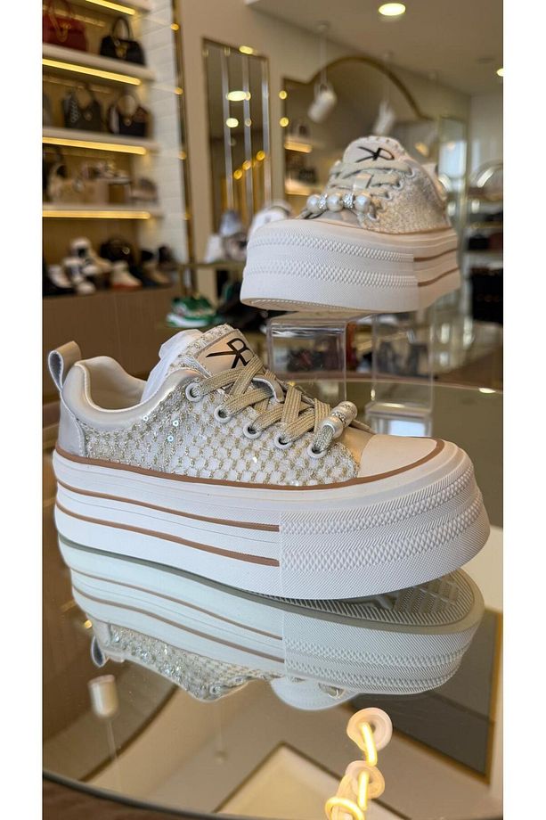 İthal Yüksek Taban Transparan-Pullu Bağcıklı Sneakers - 2