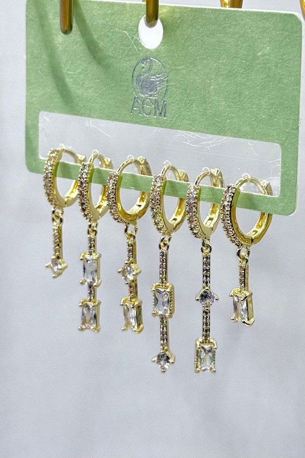 Women's Earrings Imported Full Zircon Series 6-Piece Dangle Baguette Stone Tarnish-Free Earrings