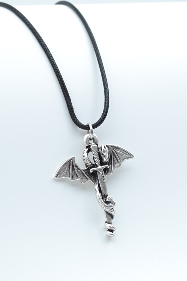 Ejderha Kılıç Gümüş Kaplama Deri İp Kolye - 1