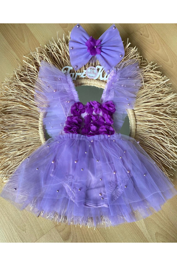 Girl's Tutu Salopette Dress with Pearls, Flowers and Bandana