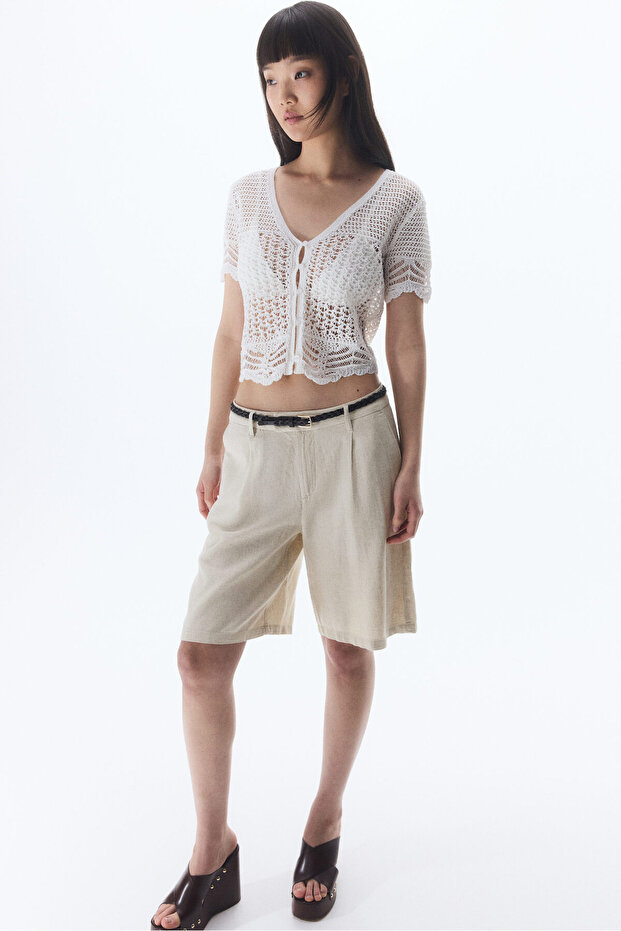 Keten Karışımlı Diz Boyu Şort - 3