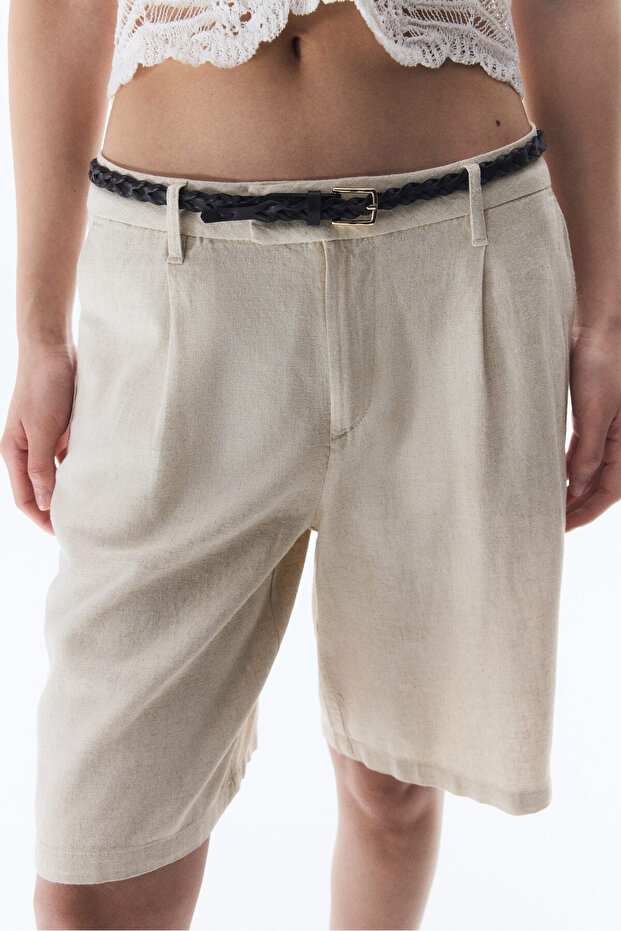Keten Karışımlı Diz Boyu Şort - 2