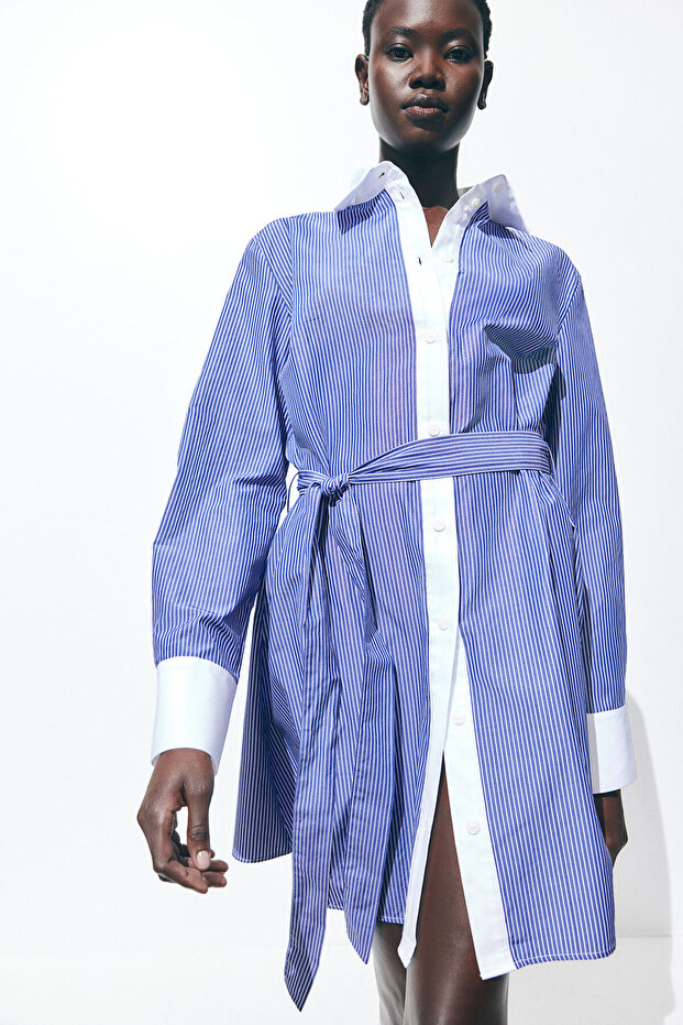 Kuşaklı Gömlek Elbise - 1