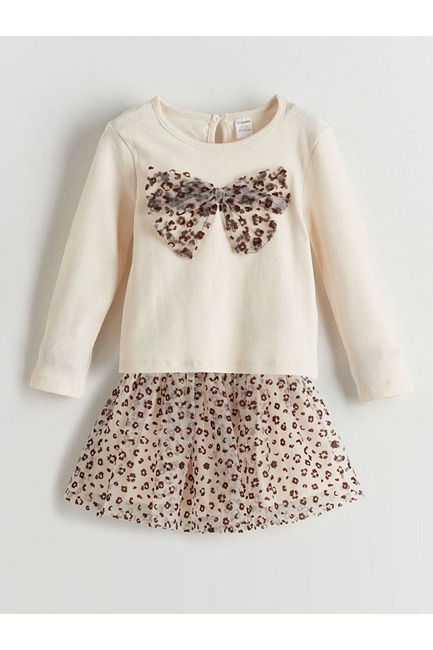 LCW Kids Ekru Leoparlı Kız Çocuk Bluz ve Etek 2'li - 1