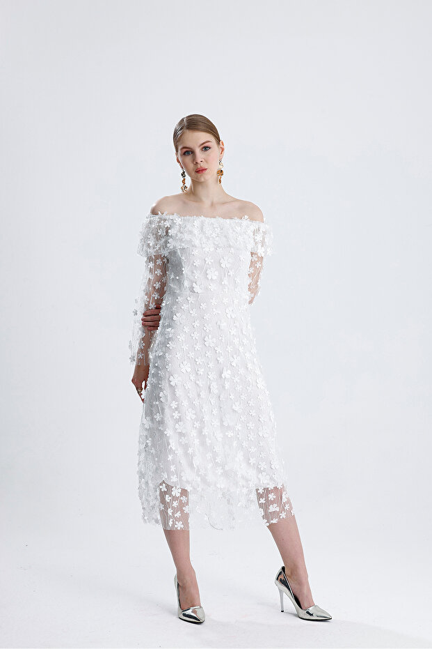 3D Floral Dress, Degaje Collar Evening Dress