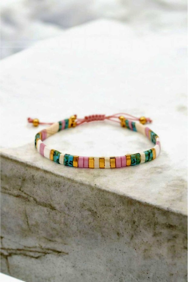Miyuki Tila Glass Beads Hematite Natural Stone Gold Turquoise White Minimal Handmade Design Bracelet
