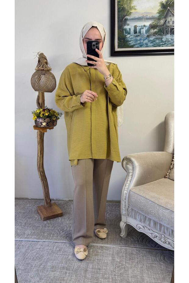3001 Oversize Basic Olive Renk Gömlek - 3
