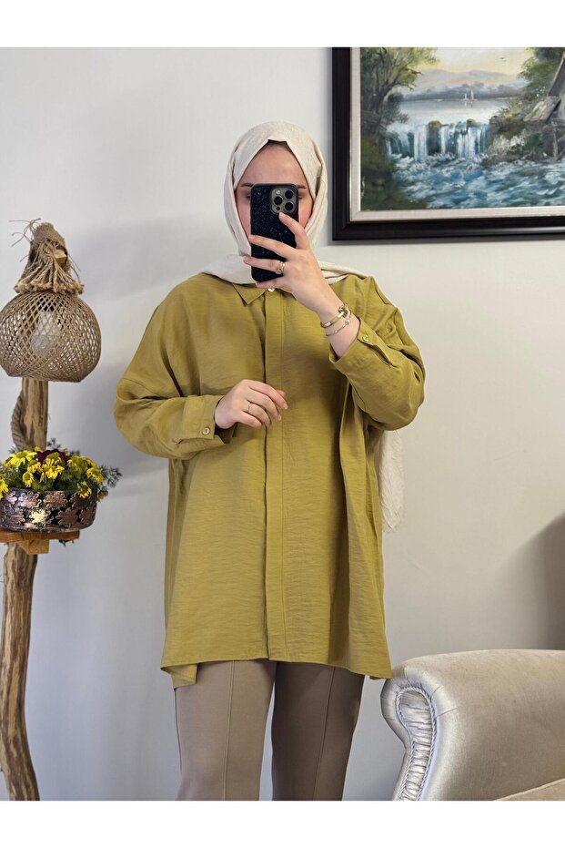 3001 Oversize Basic Olive Renk Gömlek - 1