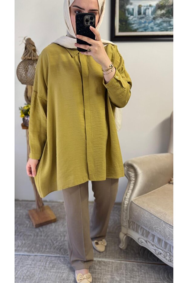 3001 Oversize Basic Olive Renk Gömlek - 4