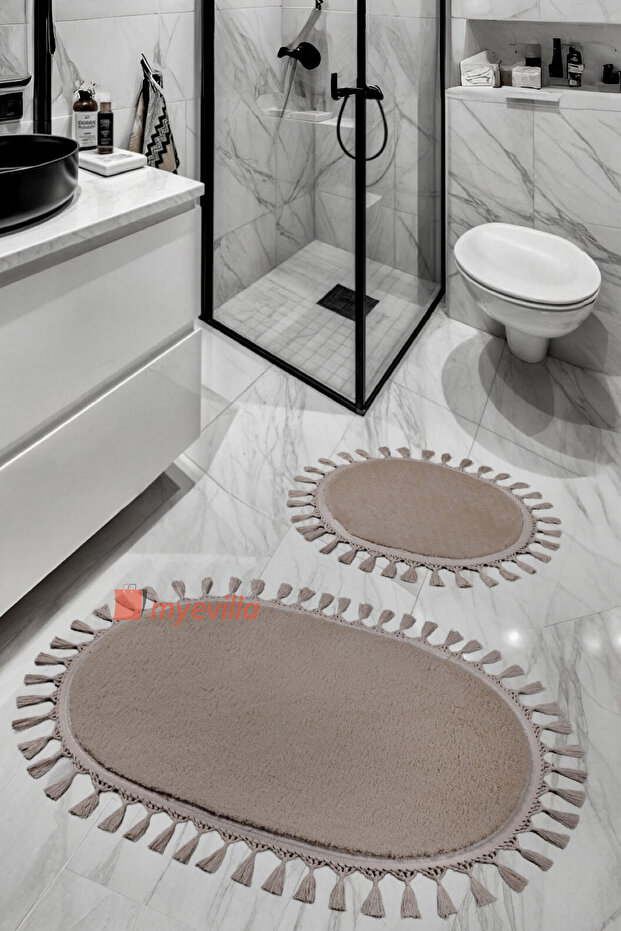 My Evilla Modern Simirna Decorative Plush Oval 60x100-50x60 Pompom Fringed Toilet Seat Set
